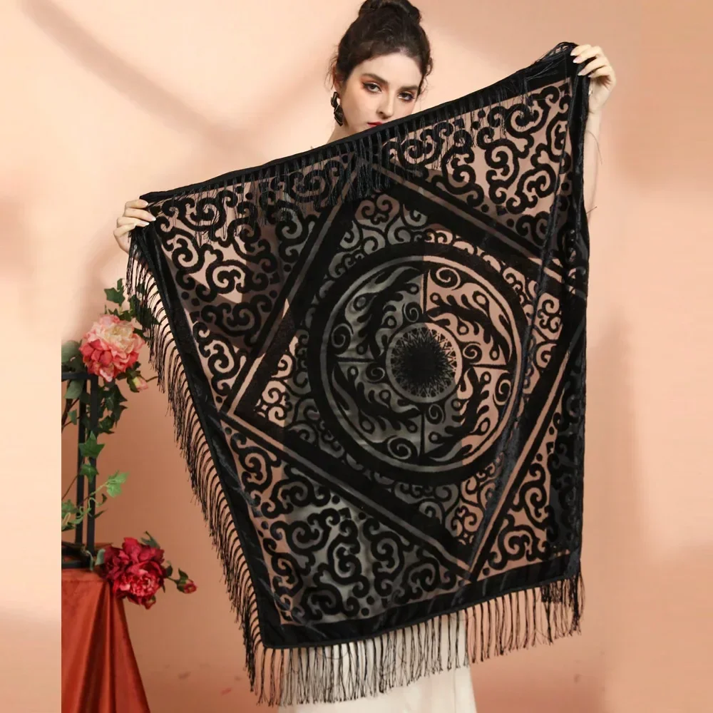 Фото AW25 Бархатная жаккардовая шаль с отделкой кисточками — винтажный восточный шарф в стиле бохо для Чонсам и зимнего тепла №4