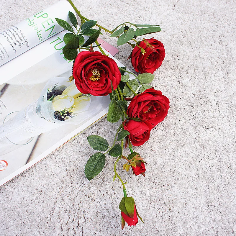 

94cm High Quality Simulation 6 Red Roses Home Living Room Dining Table Wedding Decoration Fake Artificial Flowers Long Branch