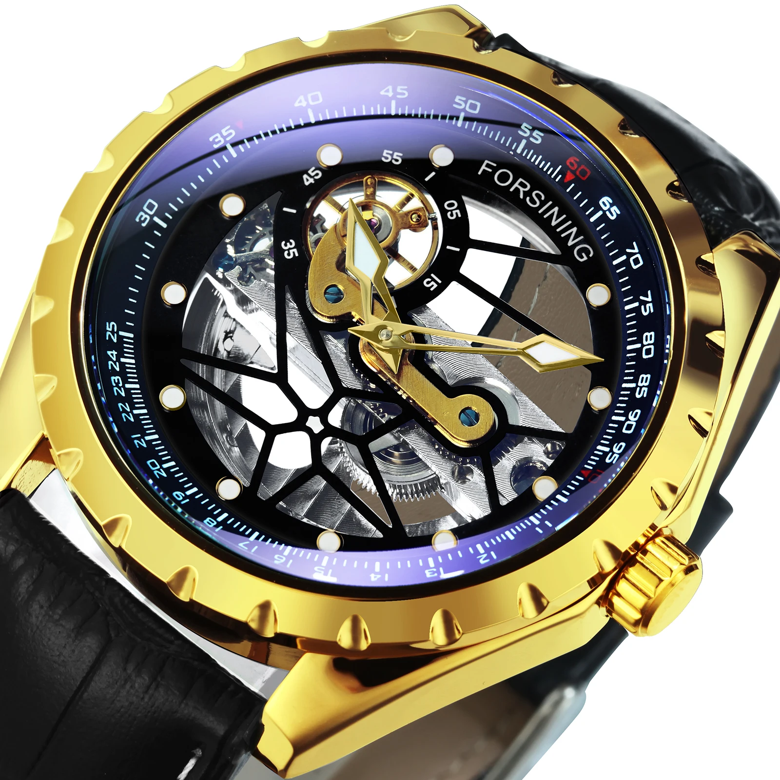 

Forsining Fashion Watch For Men Automatic Mechanical Spider Skeleton Watches Flying Tourbillon Golden Bridge Leather Strap Clock