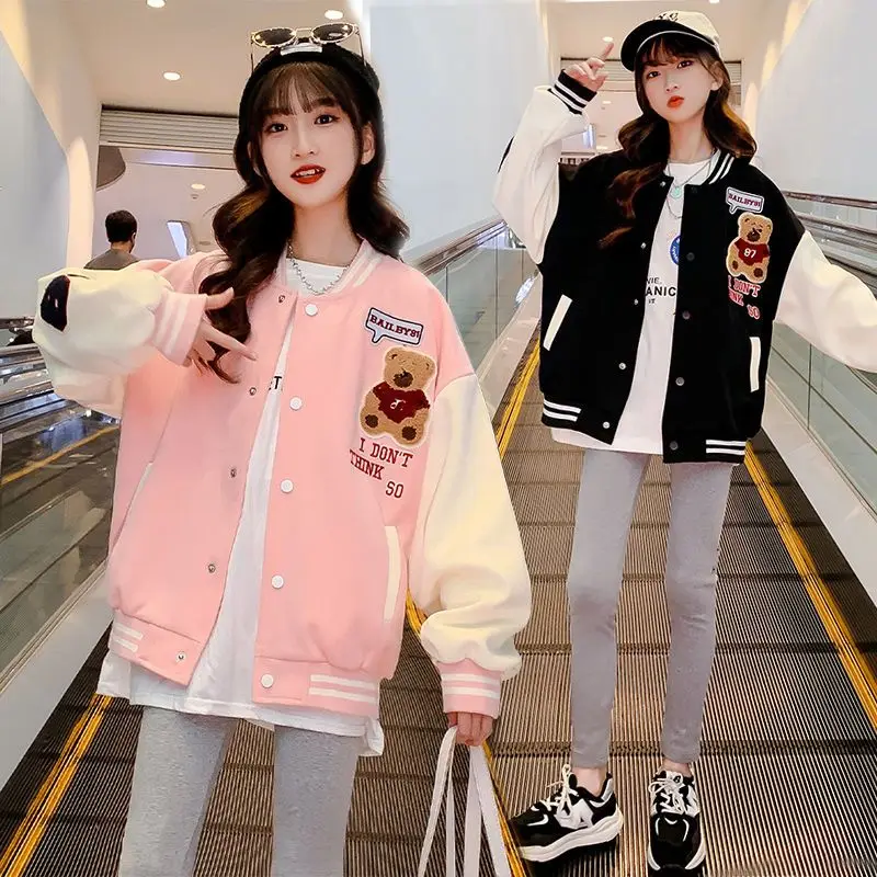 

Children's Spring Autumn Active Baseball Jacket Big Kids Teens Fashion Clothes For Girls Cardigan Cartoon Bear Outerwear & Coats