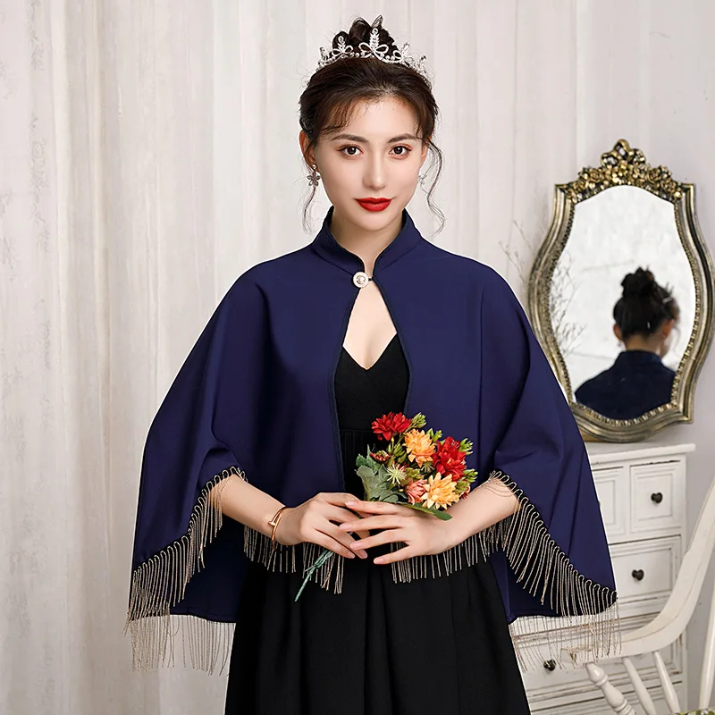 

Navy Wedding Bolero Outerwear Accessories Urged Top Wrap Bride Formal Winter Cape Bride Wedding Jackets Wrap with Tassles