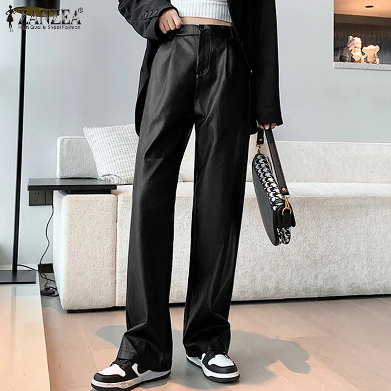 

2022 ZANZEA Spring Women Fashion Side Pockets PU Leather Evening Long Pants Holiday Palazzo Loose Solid Fashion Work Trousers