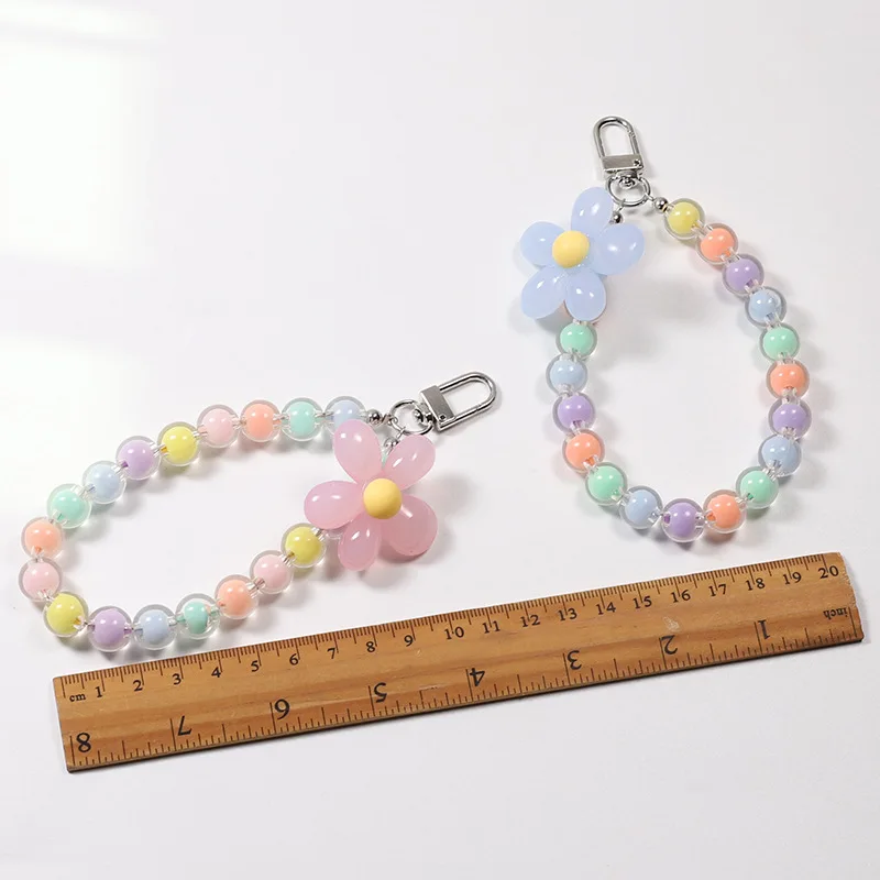 2pcs Colorful Round Flower Beads Lanyards KeyChains Lanyard Bead Wriststrap For Diy Phone Case Pendant Handmade Chain Decorative