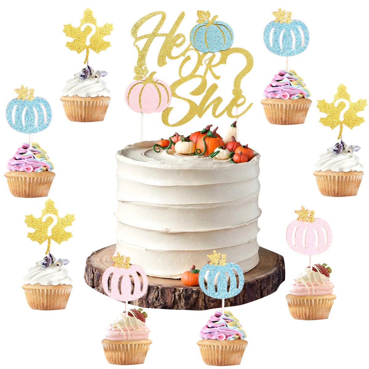 

JOYMEMO Little Pumpkin Gender Reveal Cake Decorations He or She Cake Cupcake Toppers for Boy or Girl Gender Reveal Party Decor