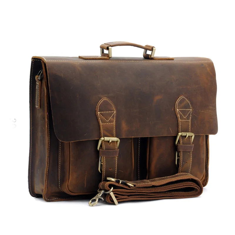 Men Briefcase Vintage Luxury Real Leather Messenger Shoulder Portfolio 15 Inch Laptop Bag  A4 Documents Office Work Bags