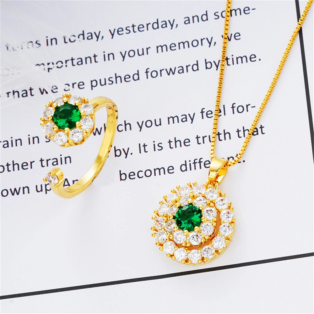 

Trendy Beauty Green Crystal Jewelry Set For Women Fashion Exquisite Gold Necklace Ring Sets Korea Wedding Jewellery Accessories