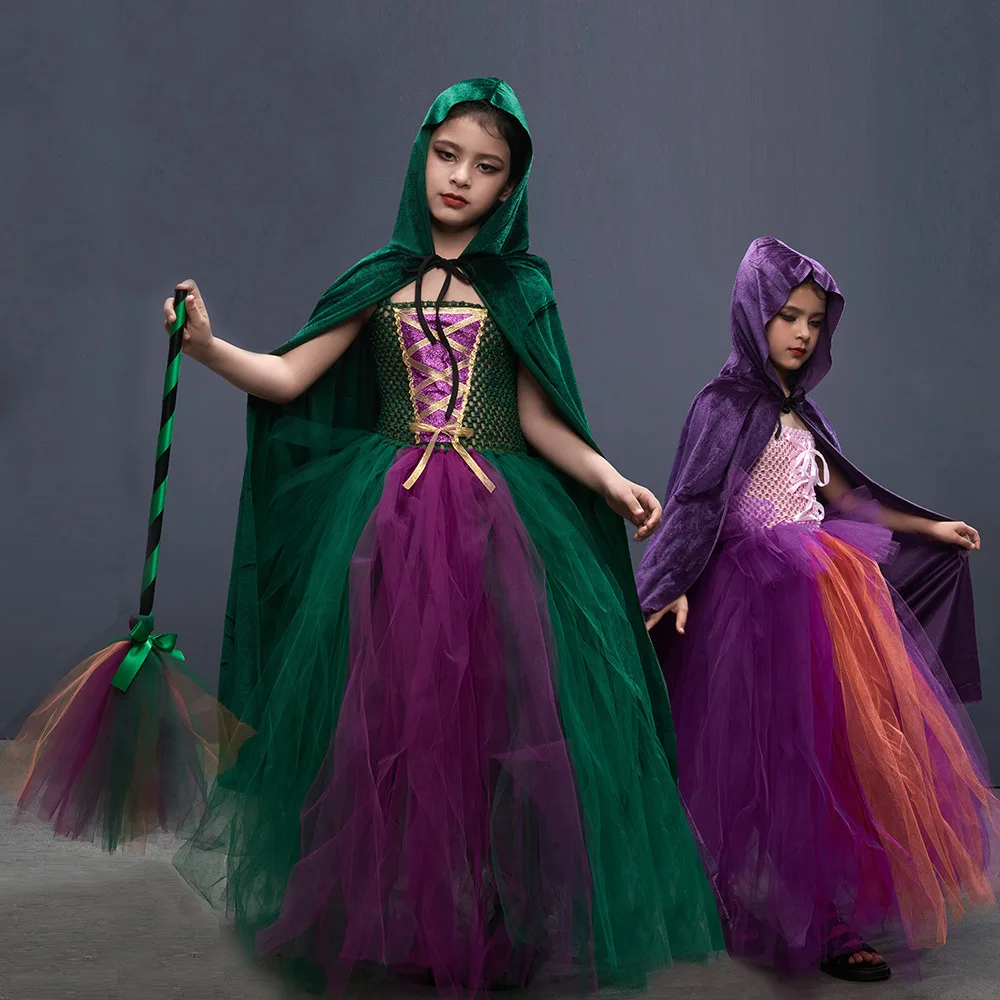 

Halloween Fancy Gown Tutu Dress with Cape Girls Hocus Pocus Salem Witch Sisters Costume Dress Kids for Cosplay Party Outfit