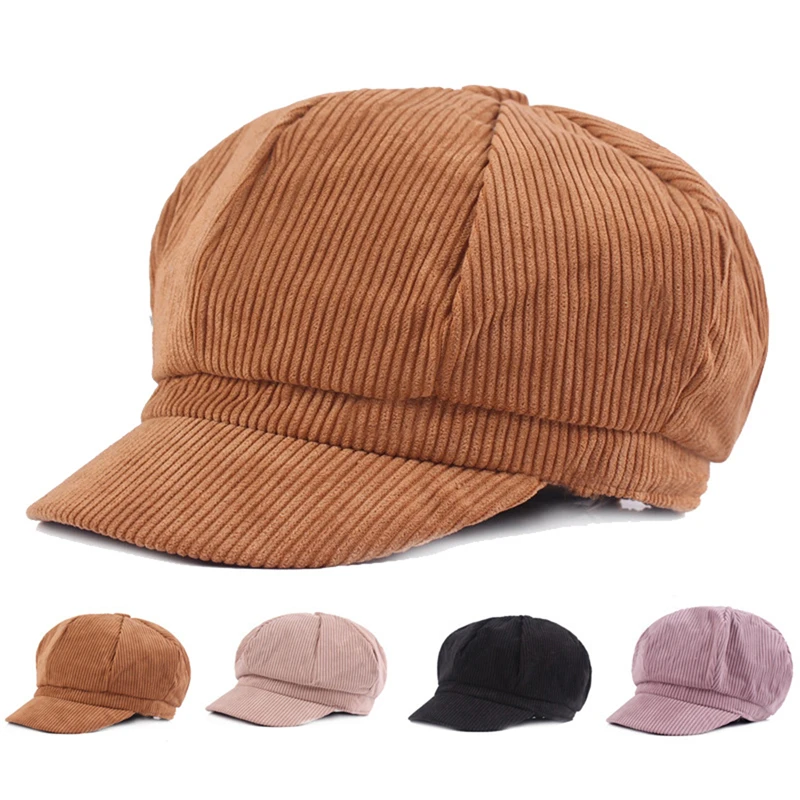 

Vintage Corduroy Onion Dome Cap With Brim Painter Hat 2023 New Solid Color Women Beret Spring Autumn Newsboy Hat