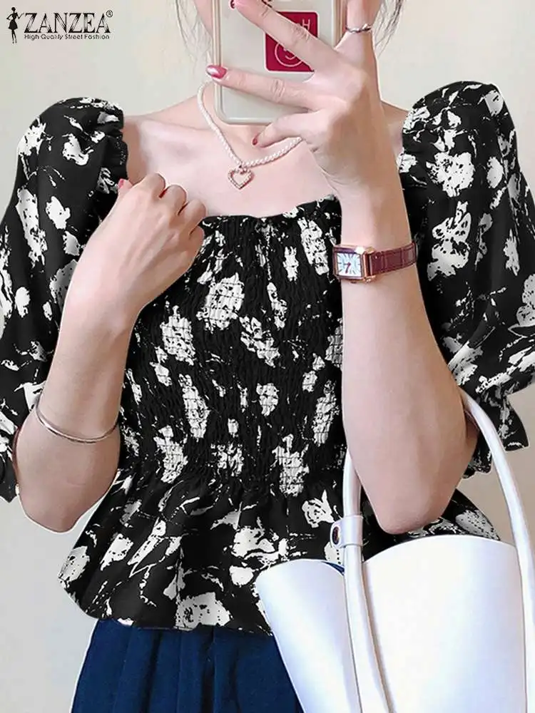 

Fashion Women Tops Casual Square Neck Blouse Shirring Pullovers Summer Retro Puff Sleeve Tees ZANZEA 2022 Floral Printed Blouse