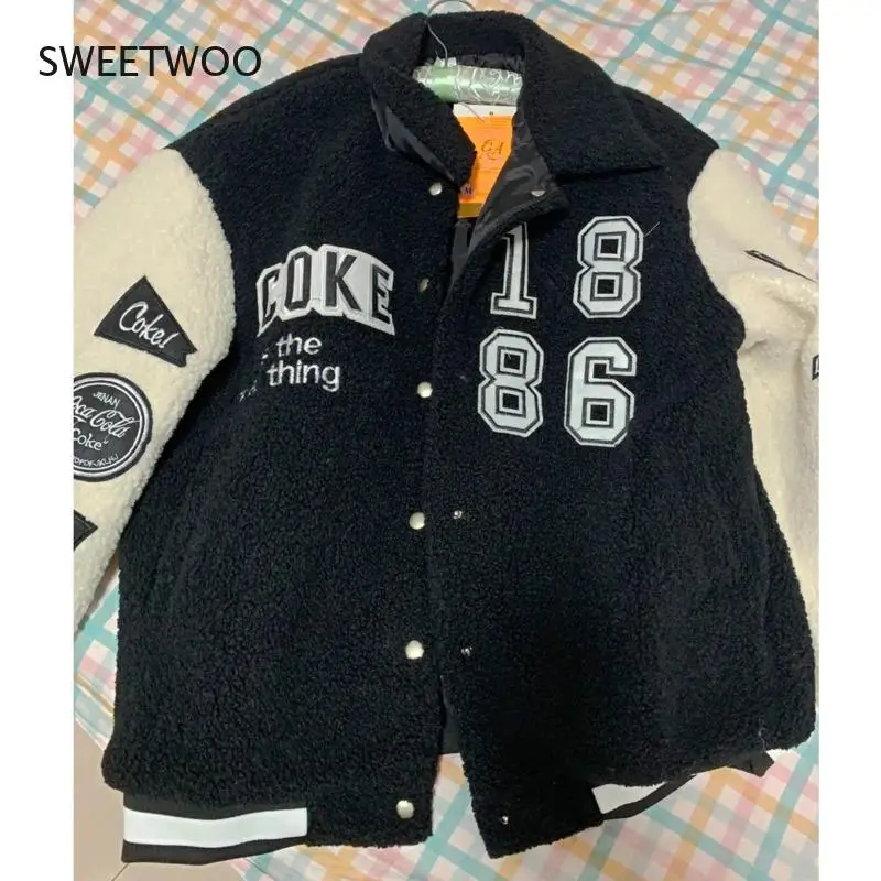 Green Y2K Baseball Coat Winter Coat for Women Faux Teddy Fur Coat Basic Jackets Outerwear Female Fashion Vintage Harajuku Kawaii