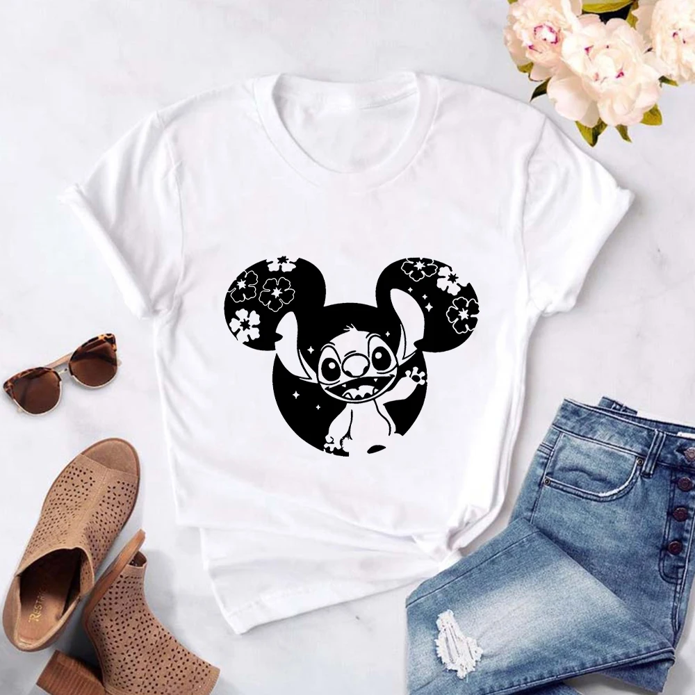 Купи Kawaii Stitch Aesthetic Harajuku T-shirt Disney Fashion Trend Femme Vetement Short Sleeve Street Casual Tops T Shirt Women за 269 рублей в магазине AliExpress