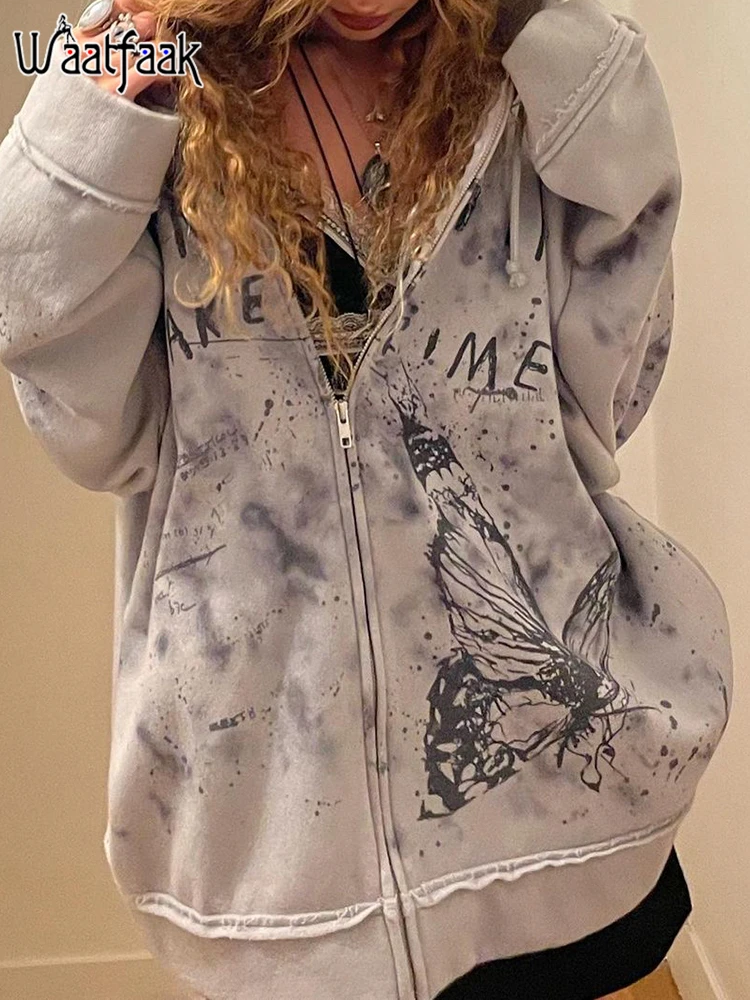 

Waatfaak Butterfly Animal Printed Grunge Stitch Loose Hoodies Grey Loose Streetwear Goth Zip Up Outfit Y2K Vintage Cardigan 2022