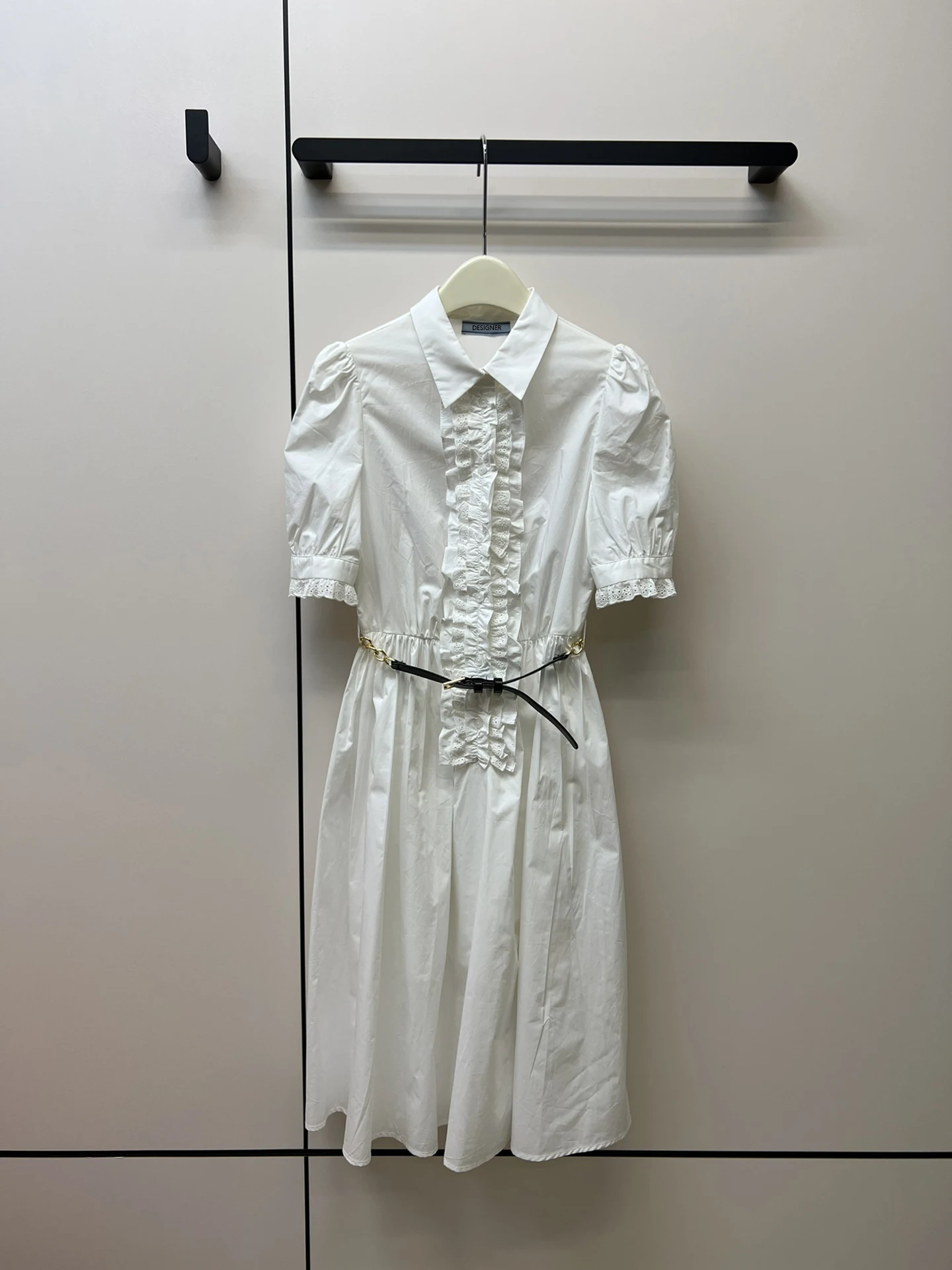 

Женское платье миди с пышными рукавами, элегантное милое однотонное дизайнерское платье с рюшами и поясом, Новое поступление