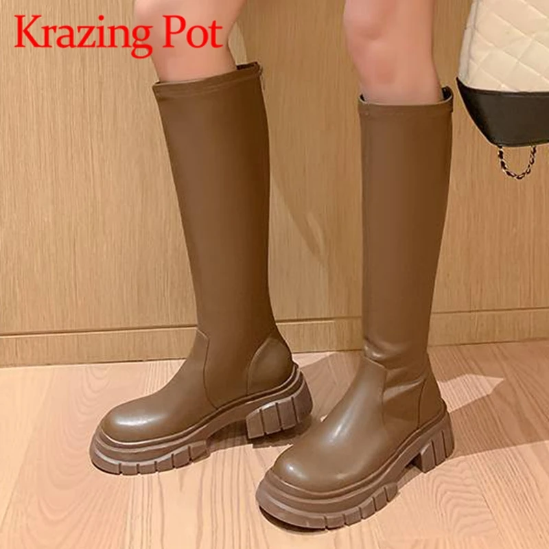 

Krazing Pot Cow Leather Riding Boots Round Toe Med Heels Concise Korean Girl Kpop Style Platform Non-slip New Thigh High Boots