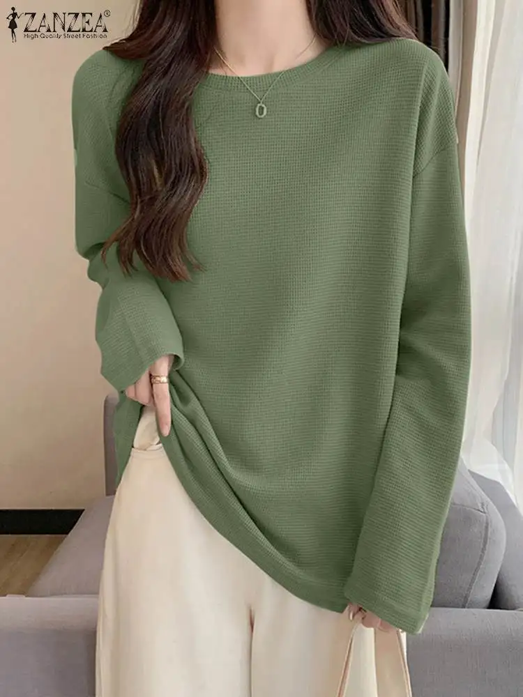 

ZANZEA Fashion Solid Color Tops Casual Waffler Blouse O-Neck Long Sleeve Shirt Female Elegant Bohemian Women Holiday Chemise