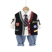 3pcs clothes baby boy set clothing toddler infant long sleeve for children shirt sweater jeans kids suit tie gentleman 1 5y