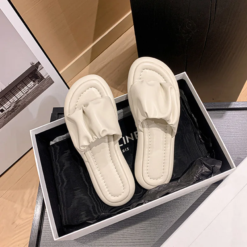 

Шлепанцы женские на толстой подошве, кожа микрофибра, открытый носок, роскошные удобные сандалии, сланцы, лето S4211