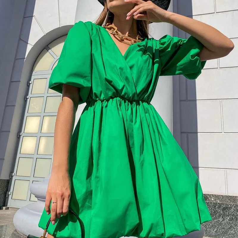 

Летнее женское элегантное модное платье-корсет, повседневное короткое платье с пышными рукавами, высокой талией и V-образным вырезом, женское длинное платье для приема выпускного вечера