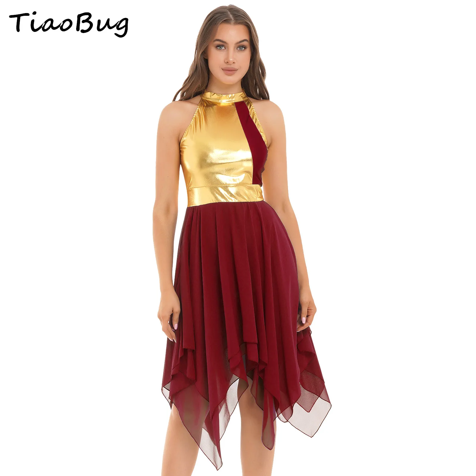 

Womens Dance Dress Performance Costume Color Block Sleeveless Ruffled Asymmetrical Hem Dress Dancewear