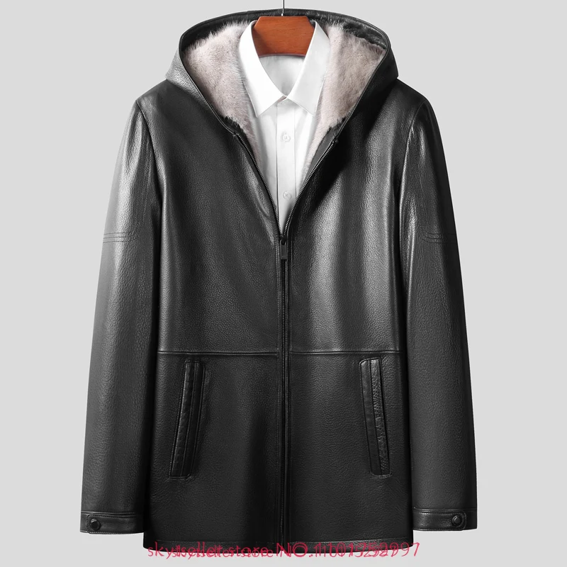 

Mink liner Shearling Fur Leather Genuine Leather Jacket Men sheepskin coat middle length Coat buessine hooded Jacket