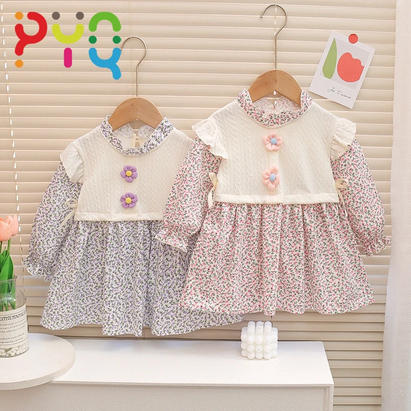 Korean Baby Girls Dress Cute Flower Fake 2-Pieces PYQ 2023 New Autumn Dresses For Girls Pastoral Floral Princess Dress 1-4 Years