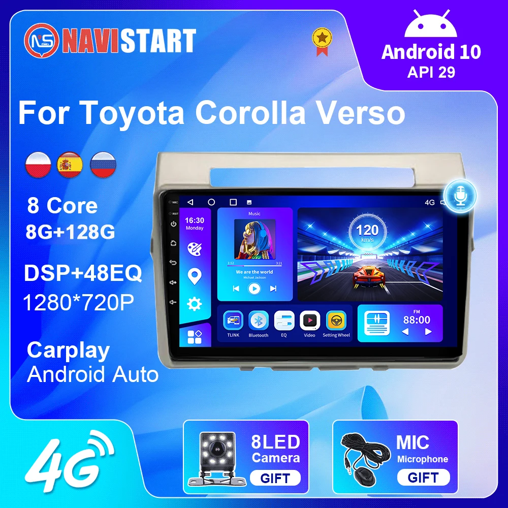 

NAVISTART 8G 128G Car Radio For Toyota Corolla Verso 2004-2009 GPS Navigation 4G Wifi Carplay Android 10 AutoRadio No DVD Player