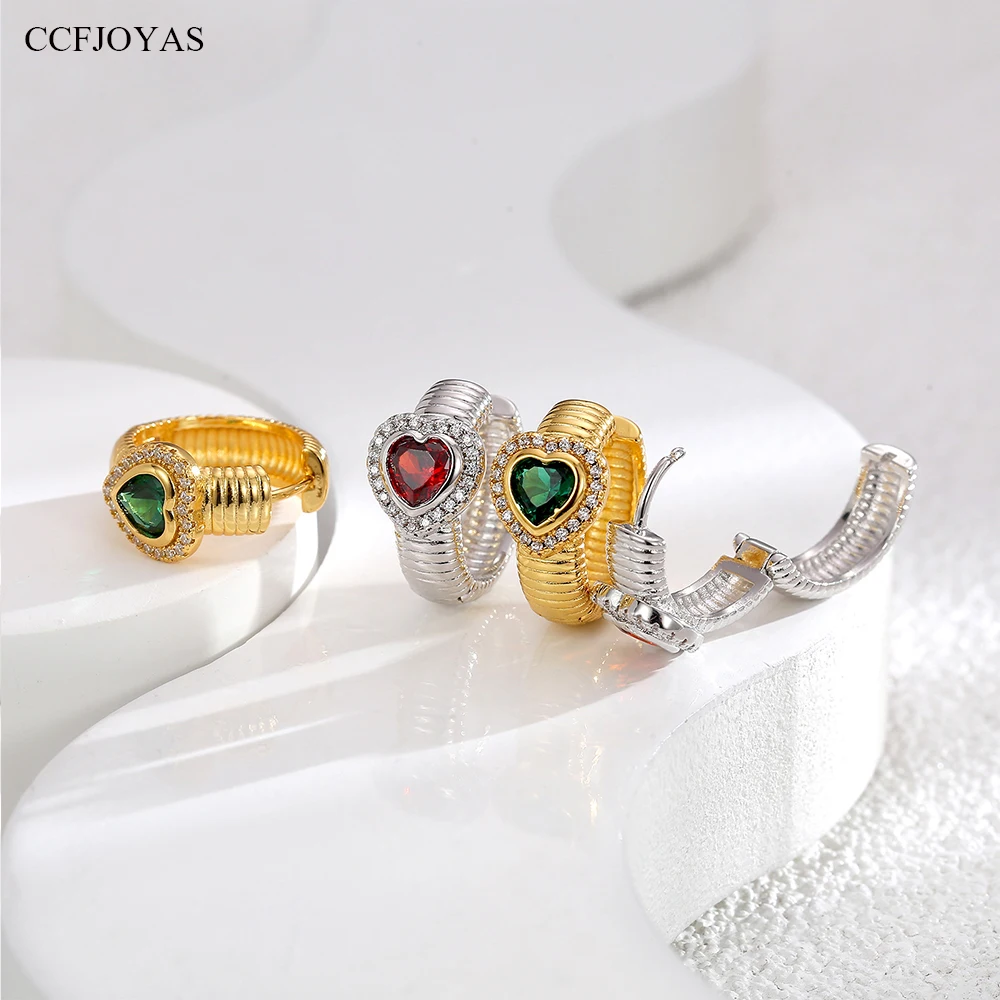 

CCFJOYAS 18k Gold Plated Retro Heart Shaped Hoop Earrings for Women Light Luxury Vintage Green Red Zircon Love Ear Buckle