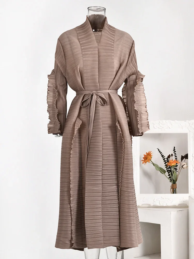 

Miyake Original Design Fashion Pleated Long Dress Women Patchwork Belt Gathered Waist Solid Dresses 2023 Autumn New Clothing