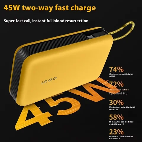 iQOO 45 Вт Power Bank Flash Charge 20000 мАч Встроенный кабель высокой емкости Двусторонняя быстрая зарядка Портативный Power Bank Оригинальный заказ