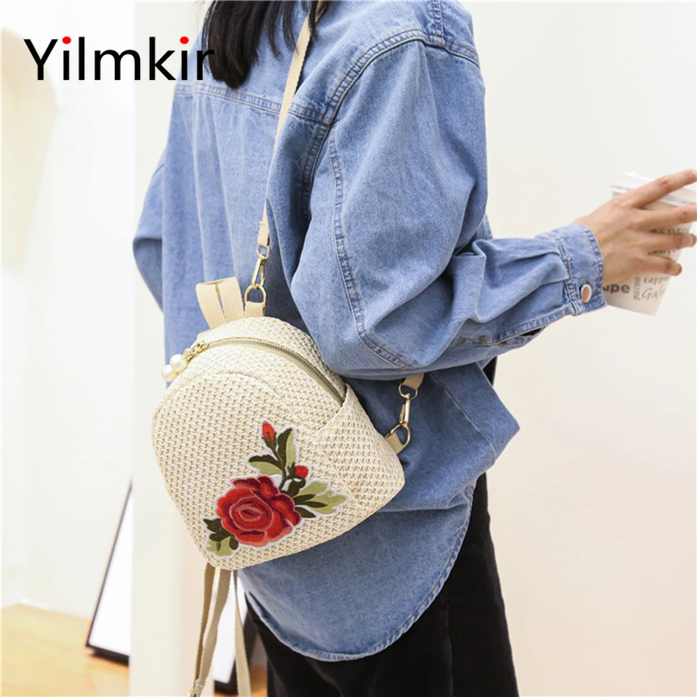 Модный женский соломенный рюкзак с принтом розы повседневный вместительный