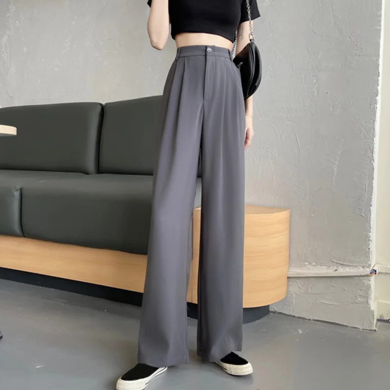 Summer Loose Women's Suit Pants High Waist Wide Leg Pants Solid Color Straight Thin Pants Female Casual Trousers