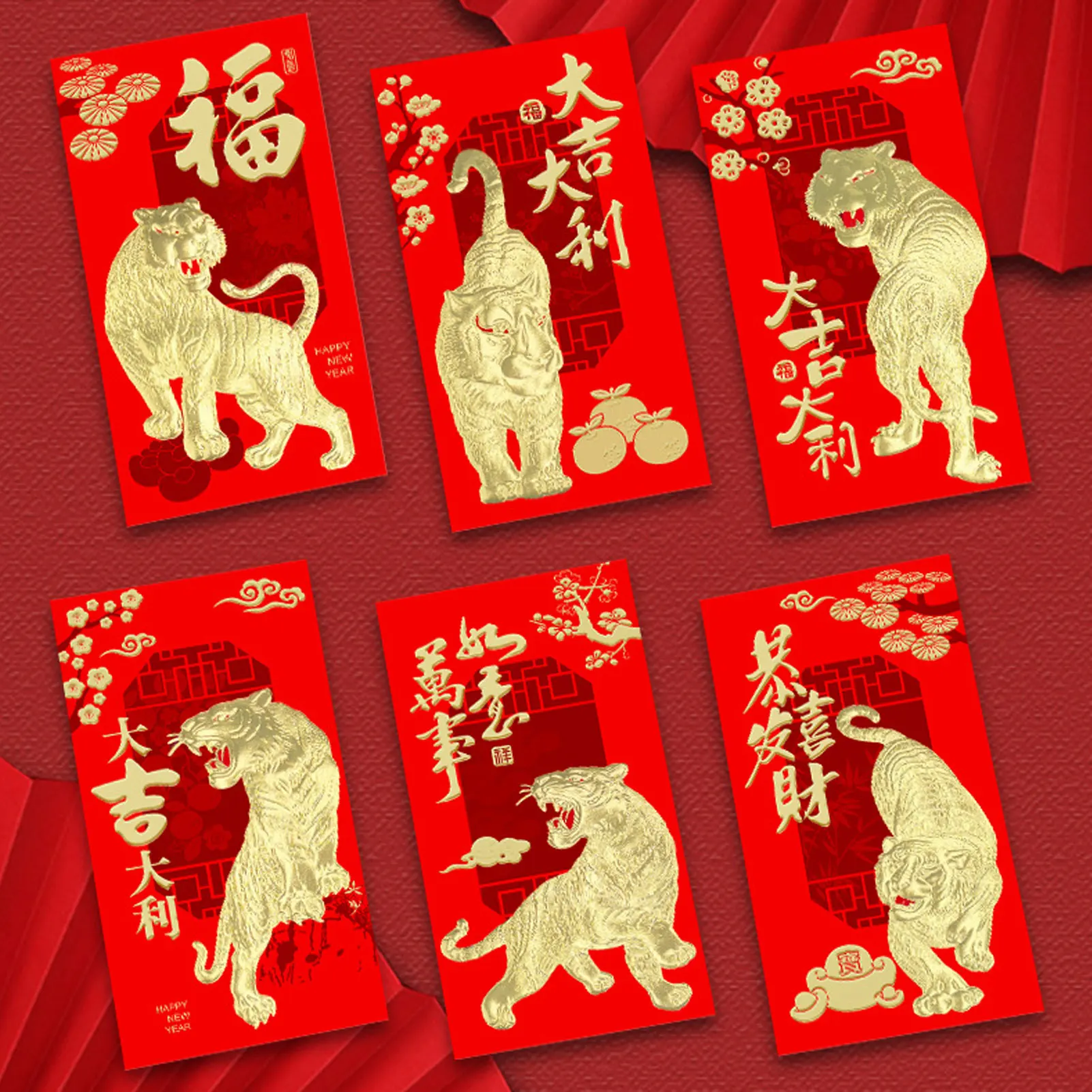 

6 шт., китайские красные конверты, 2022 год Тигра, Hong Bao, Мультяшные пакеты для денег на удачу с тисненым рисунком для праздника Весны