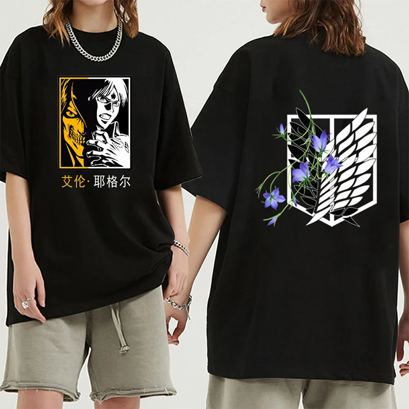

Hot Japanese Anime Attack on Titan T-shirt Harajuku Eren Jaeger Graphic Print T Shirt Oversized Men's Tees Hip Hop Streetwear