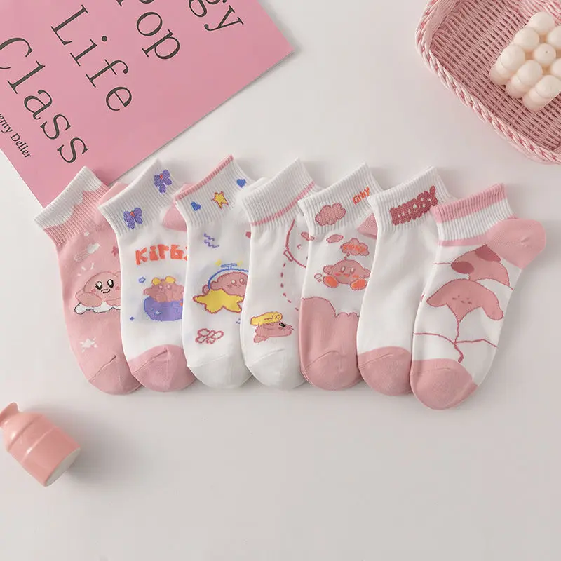 

5Pcs/set Kirby Plush Pink Socks Version Short Section Cute Japanese Ins Cartoon Thin Boat Socks Kawaii Anime Plush Toy Girl Gift