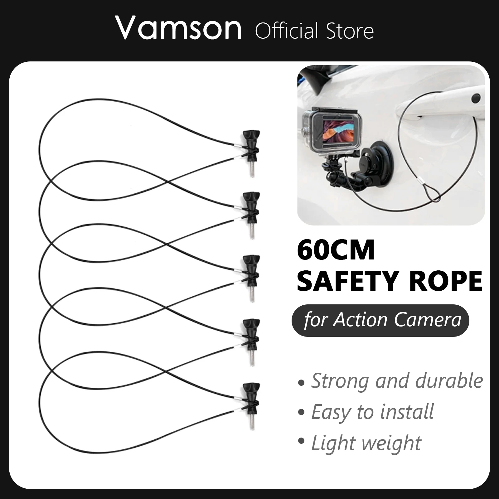 Stainless Steel Silver Black Safety 60cm Tether Lanyard Strap for GoPro Hero 11/10/9/8/7/6/5/4/3/2 for DJI Action 3 2 VP128