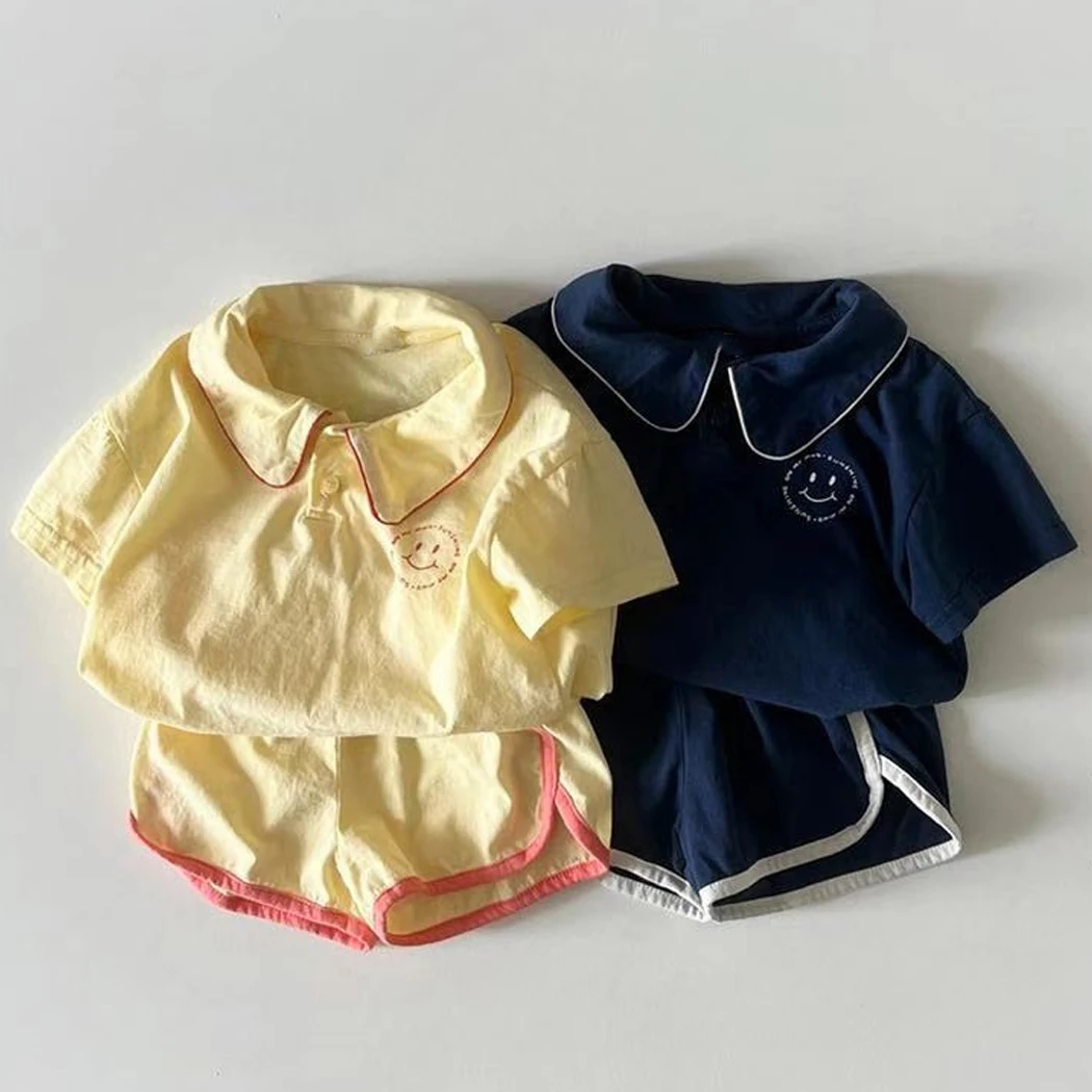 

2022 Summer Korean Smiling Face Baby Boys Girls Clothes Set Children Short Sleeve T-Shirt+Toddler Shorts 2Pcs Kids Casual Suit