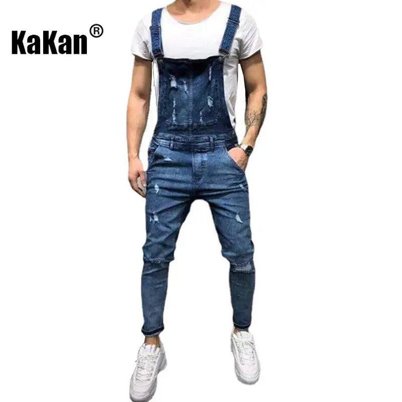 Kakan - European and American New Trendy Perforated Strap Jeans for Men, Dark Blue Black One Piece Long Jeans K45-828