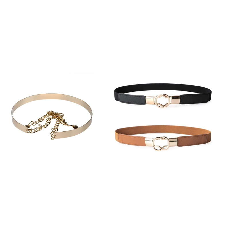 

3 Pcs Simply Designed Metal Chain Waist Belt For Women Gold & Black Brown