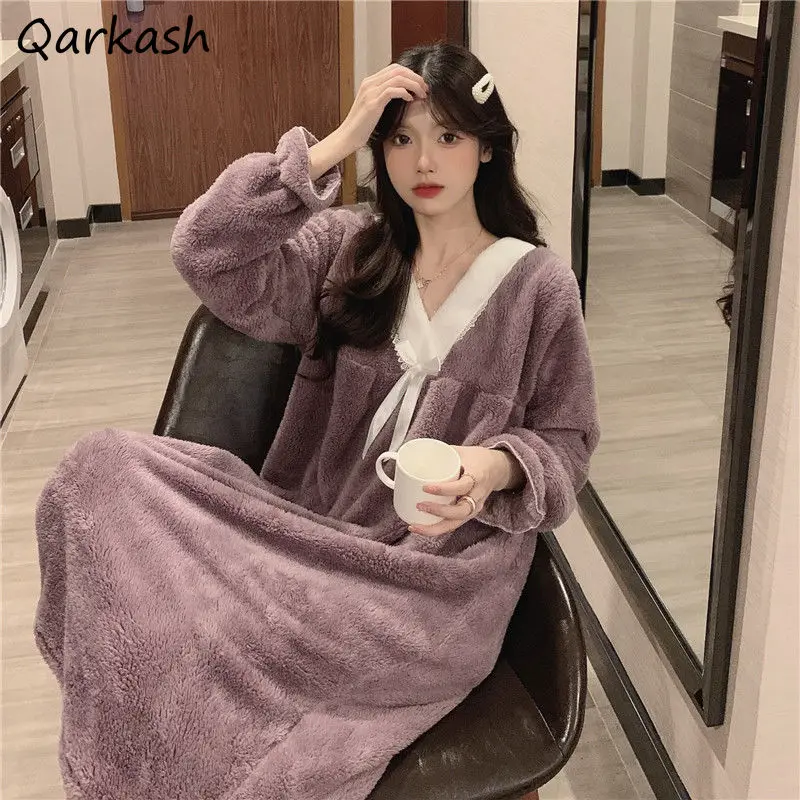 

Nightgowns Women Purple Patchwork Elegant V-neck Soft Winter Ladies Cozy Simple Fit M-4XL Thickening Daily Homewear Casual Cute