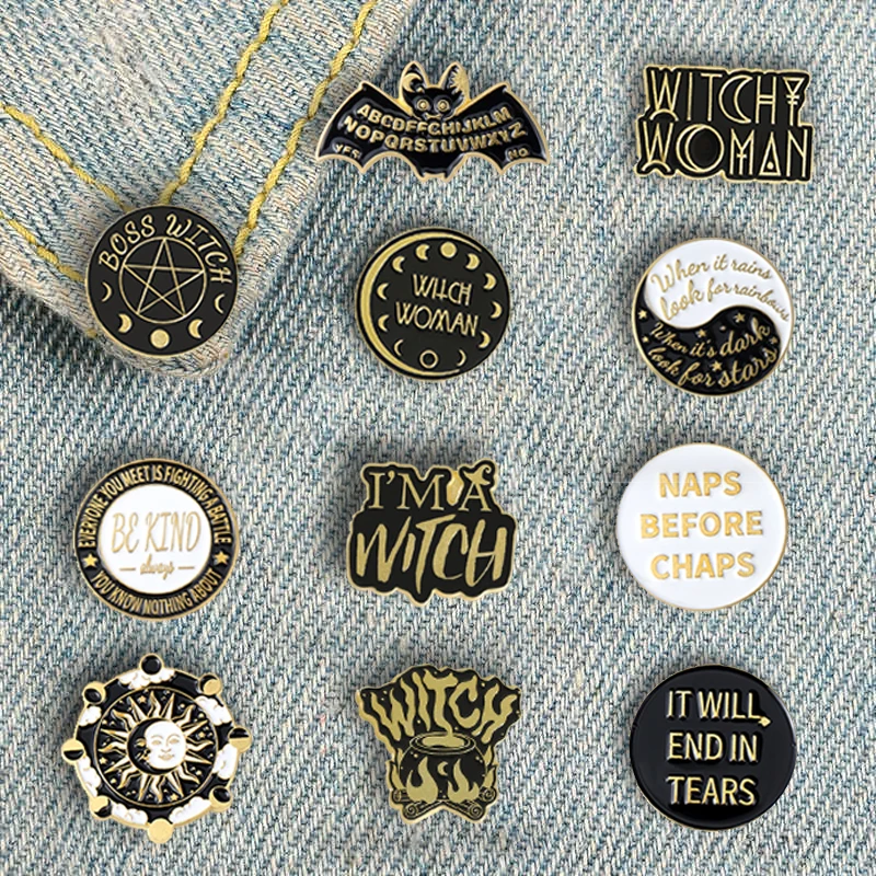 

Punk Witch Enamel Pin &quotI AM A Witch"Bat Black Brooches Pentagram Custom Backpack Badge Gift for Friends Drop Shipping