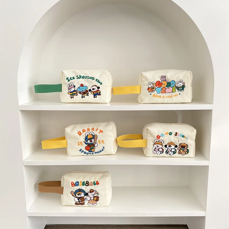 

Cartoon Cute Illustration Corduroy Makeup Bag Cosmetic Bag Large Capacity Portable Embroidered Handbag Pouch Students Pen Bag