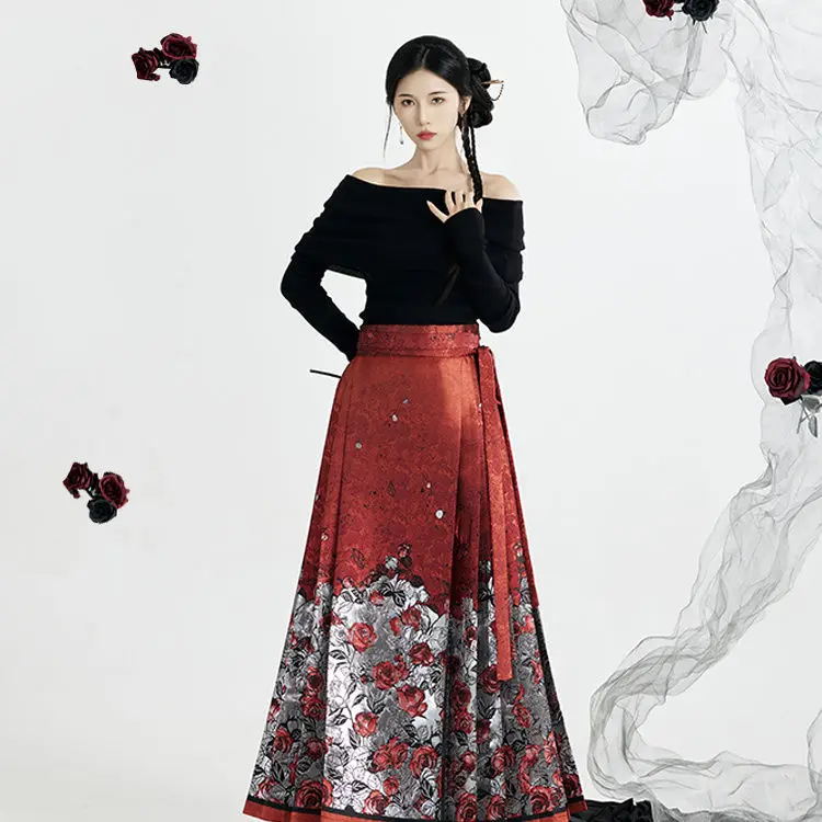 Юбка с изображением лошади плетеная золотая нить вышивка роза цветок ханьфу 2024