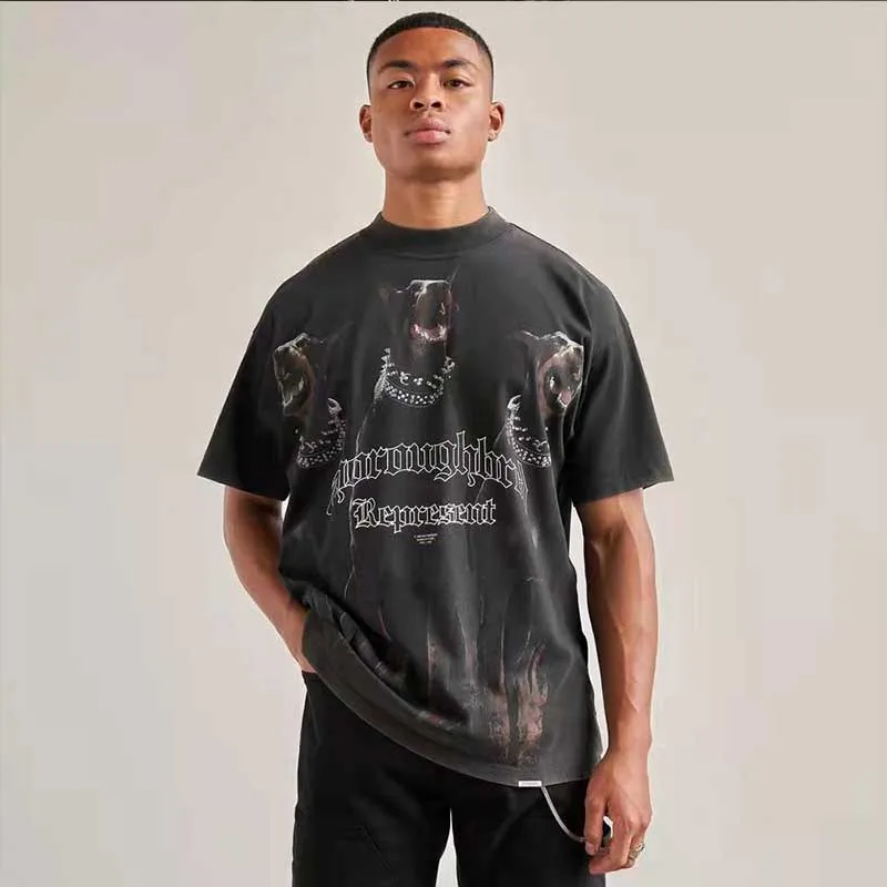 

Representative Doberman short sleeve American Retro Vintage dog head print high street fashionbrand loose round neck t-shirt men