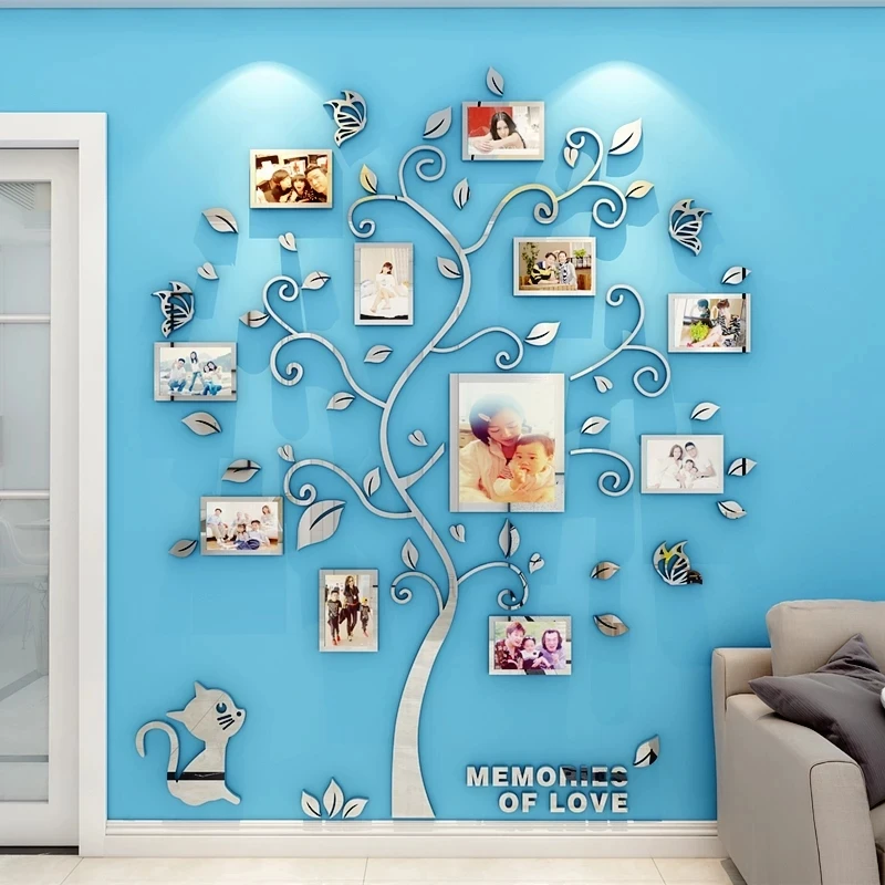 Wall Stickers Family Tree Photo Frame Large 3D Mirror Wallpaper Cat Decals For Bedroom Living Room Restaurant Decoration Sticker