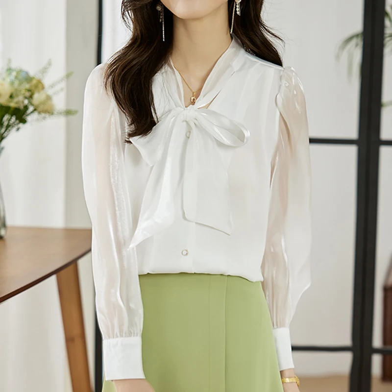 

Autumn Women's Long Sleeve V-Neck Lantern Sleeve Bowknot Solid Color Versatile Commuter Chiffon Shirt Blouse Women Tops A272