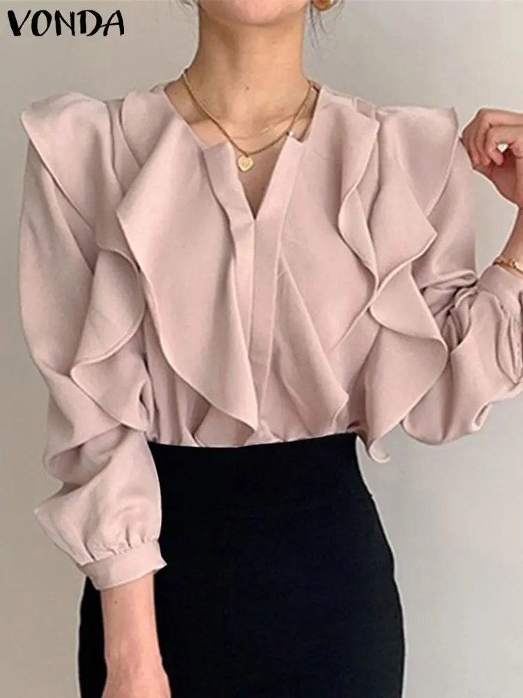 

Женская Повседневная Блузка VONDA с длинным рукавом и пуговицами, женские сексуальные топы с V-образным вырезом и оборками, праздничные блузки...