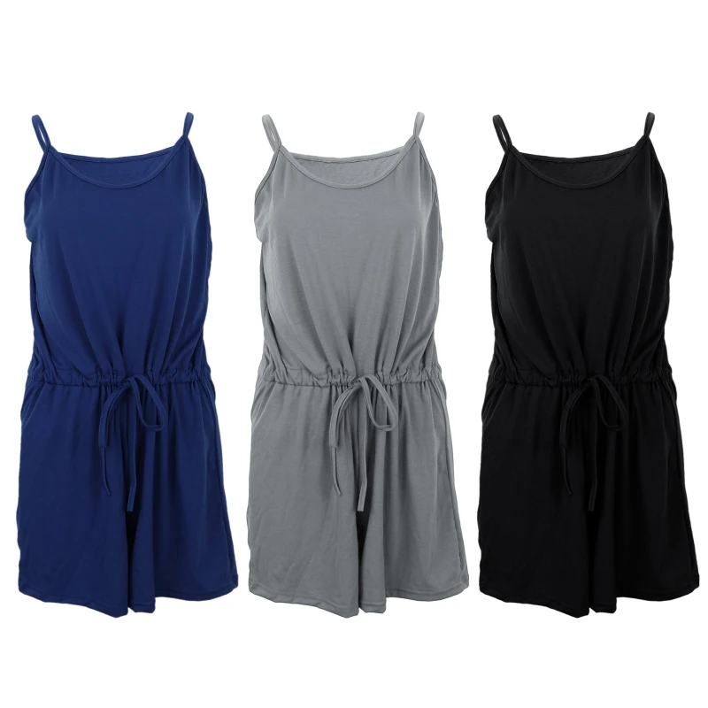 

Women Summer Spaghetti Strap Short Pants Jumpsuit Sexy Deep V-Neck Solid Color Sleeveless Rompers Drawstring High Waist 10CE