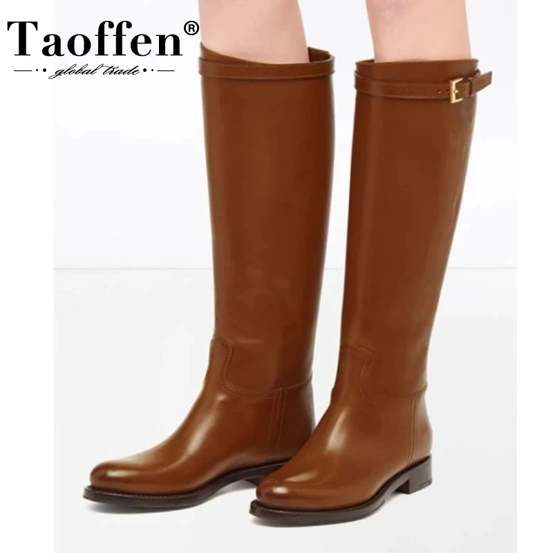 

TAOFFEN Plus Size 34-45 Women Leather Knee High Boots Flat Heel Women Winter Warm Boots Fashion Casual Woman Long Footwear