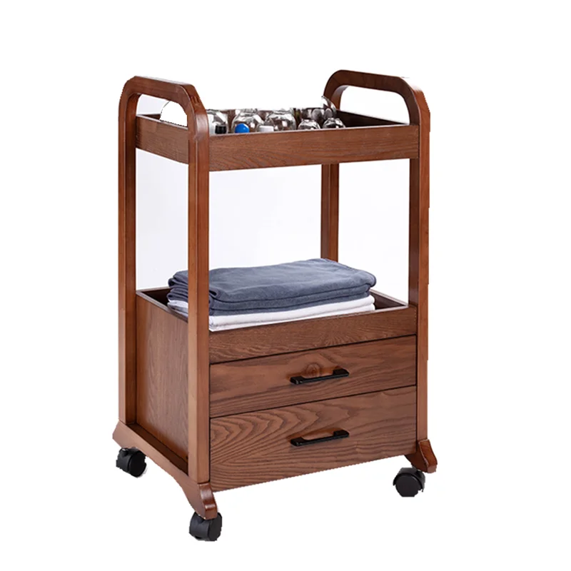 

YY Beauty Salon Simple European Solid Wood Tool Car Double Drawer Trolley Wooden