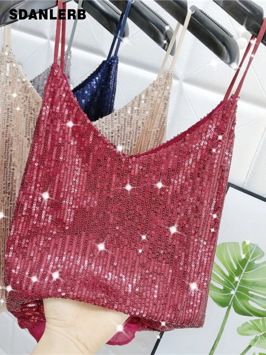 

Женская майка с V-образным вырезом, летняя верхняя одежда, рубашка с блестками, Модный Блестящий шелковый внутренний жилет, персонализирова...